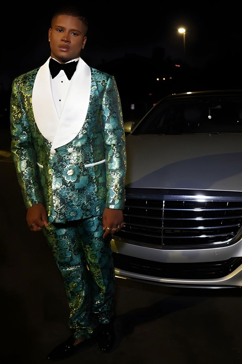 Men's Green Jacquard Prom Suits with Slim Fit Shawl Lapel