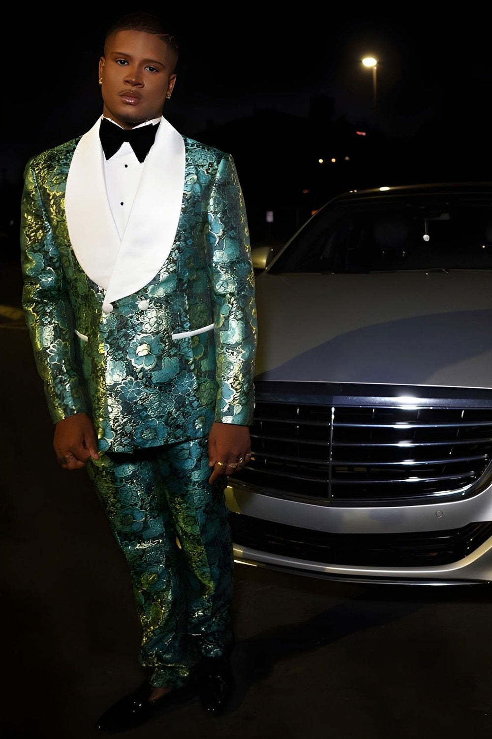 Men's Green Jacquard Prom Suits with Slim Fit Shawl Lapel