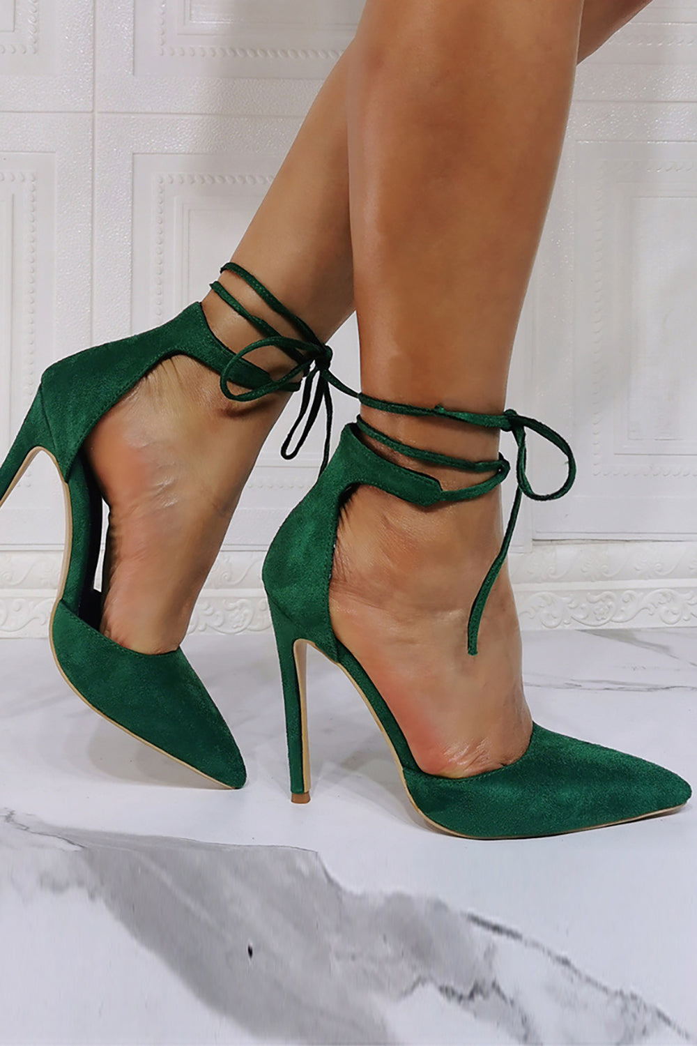 Sexy Stiletto Shoes with Dark Green Lace-up Design