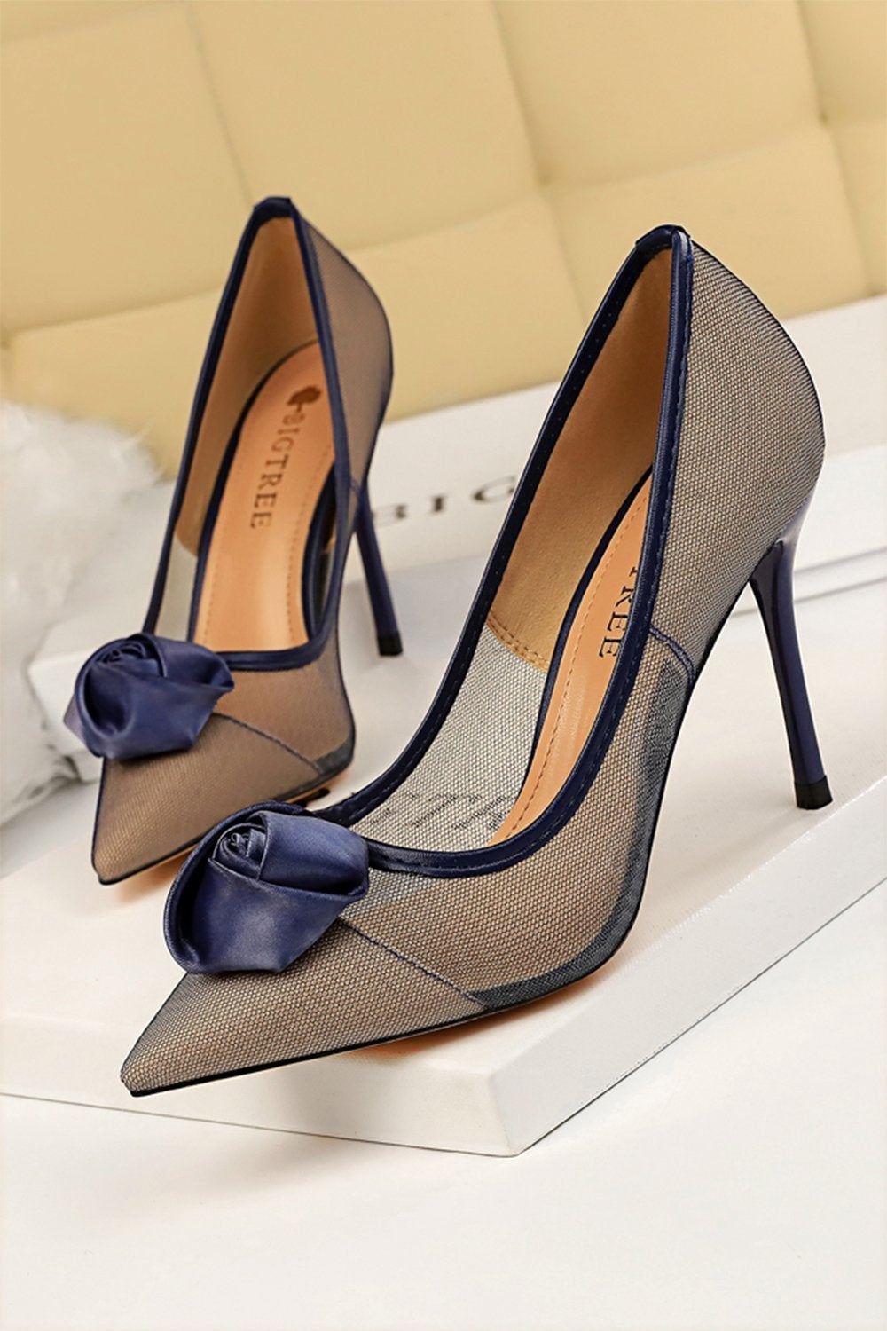 Satin Rose Stiletto Heels with Mesh Hollow Design