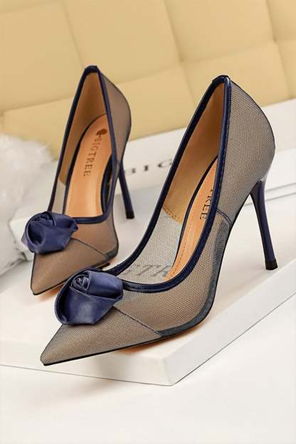 Satin Rose Stiletto Heels with Mesh Hollow Design