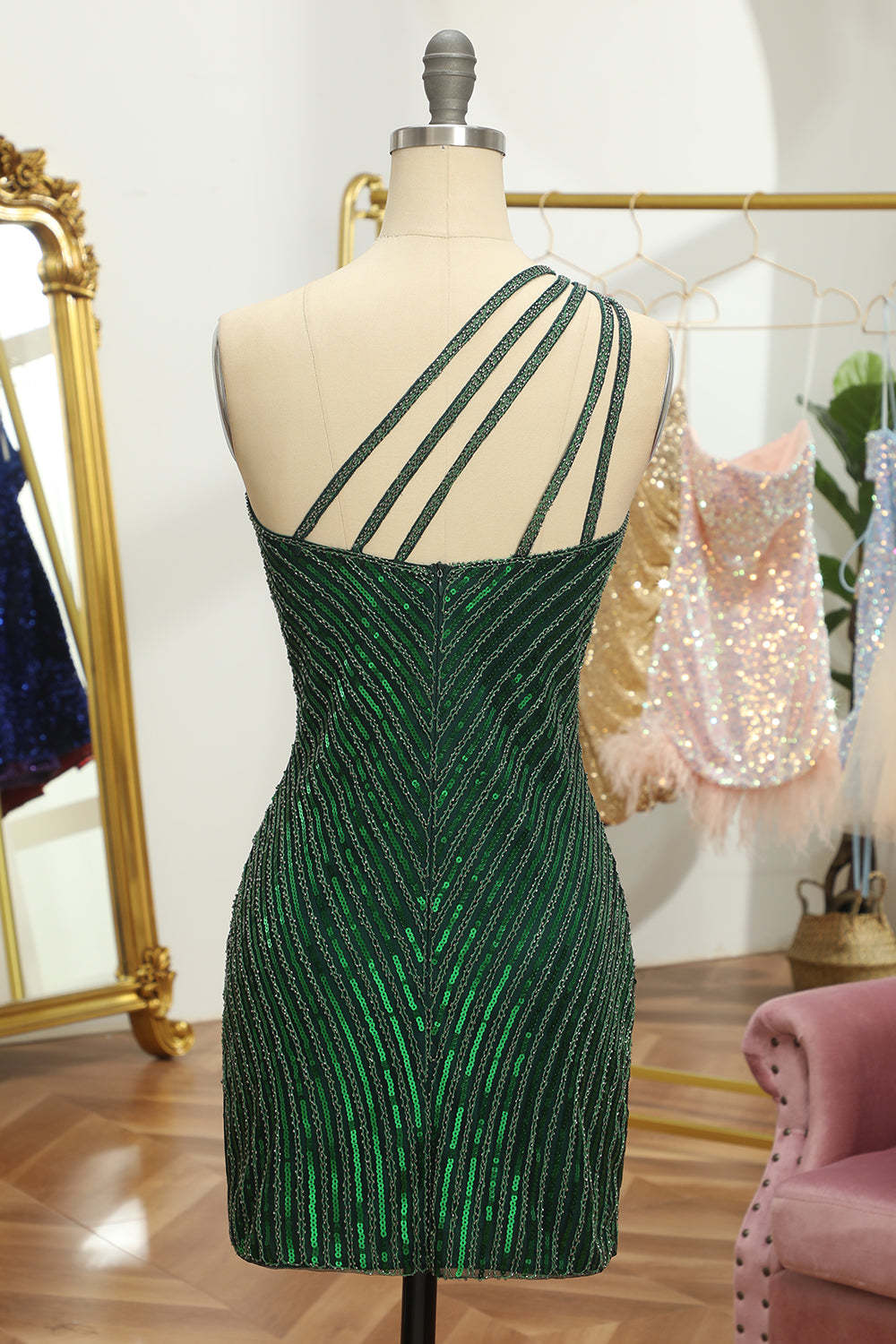 Sparkly Sheath Glitter Green One Shoulder Beaded Tight Cocktail Dress