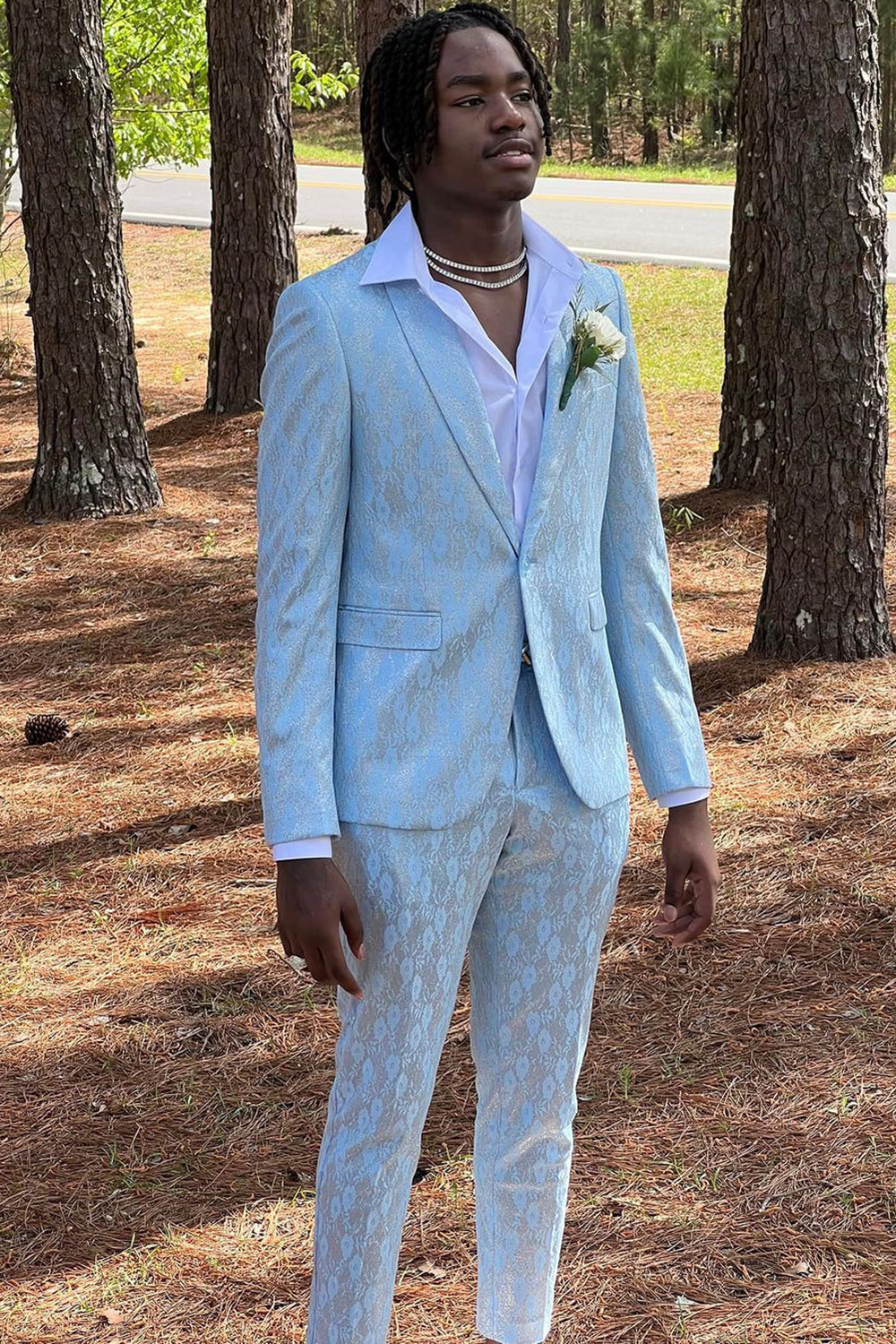 Light Blue Men's Prom Suit with Shawl Lapel and Single Button