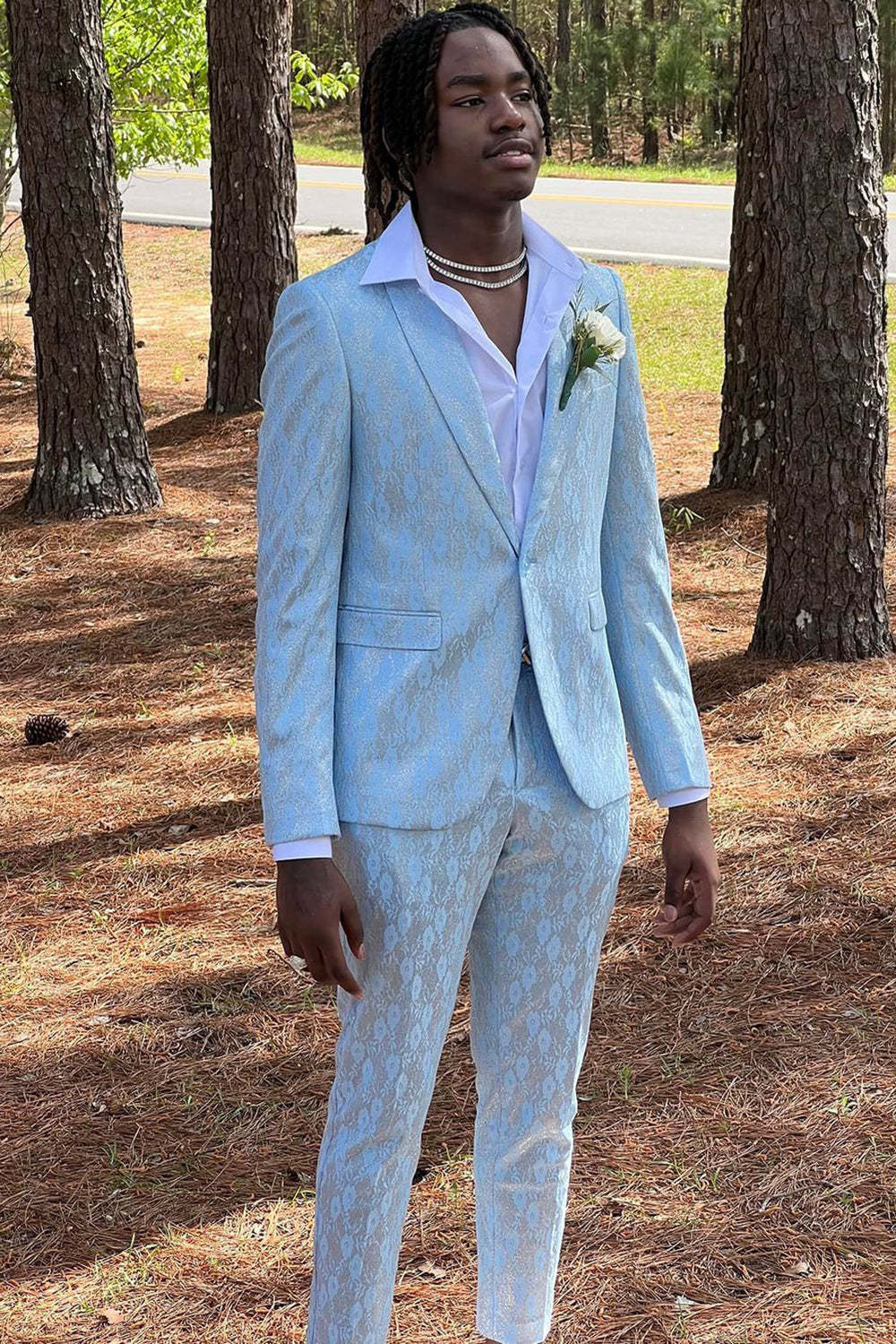 Light Blue Men's Prom Suit with Shawl Lapel and Single Button