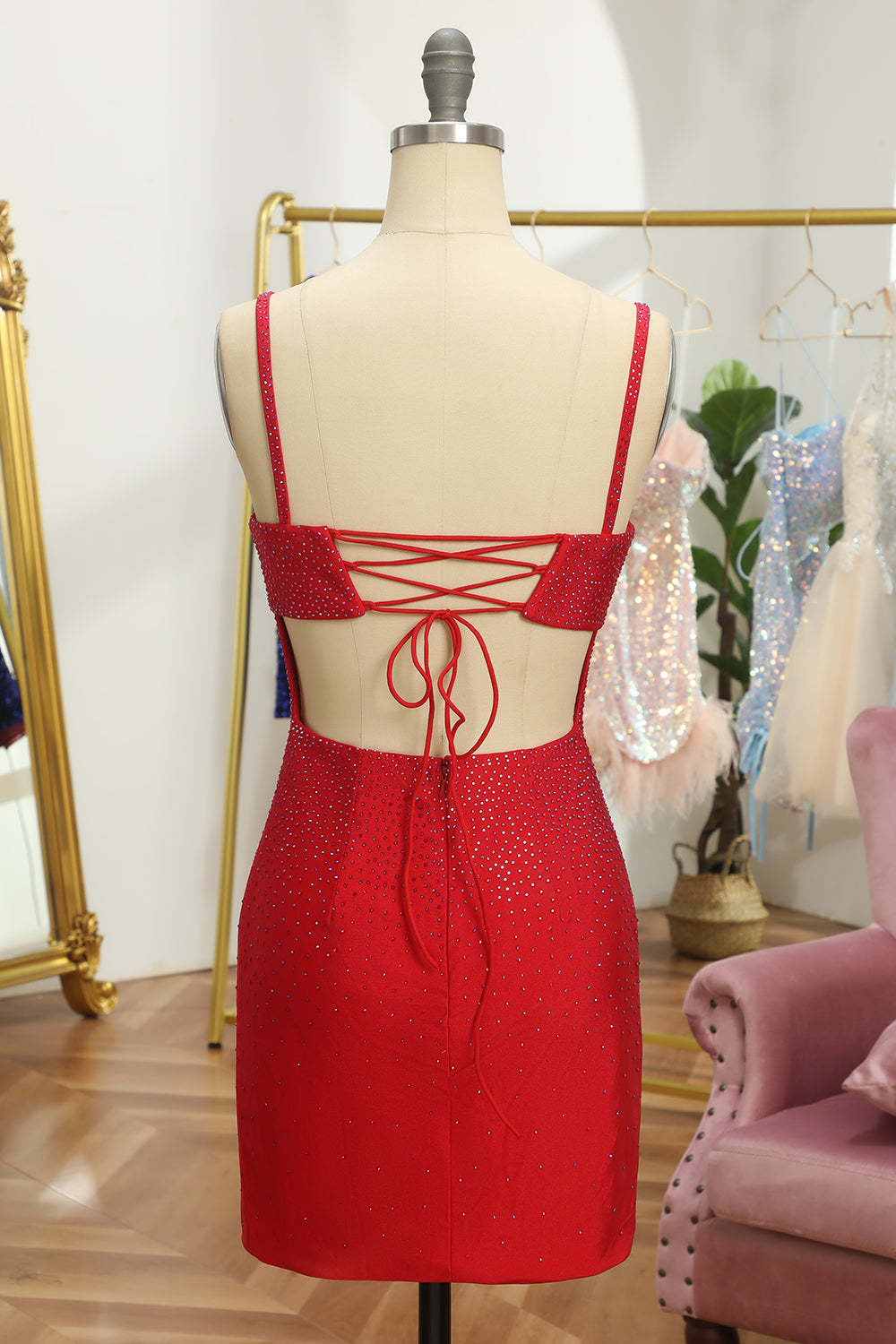 Red Sequins Lace Up Tight Short Cocktail Dress