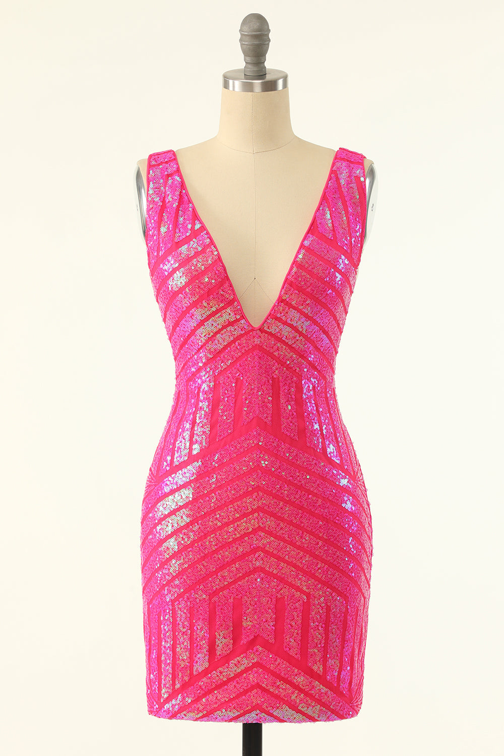 Fuchsia Sequins V Neck Tight Cocktail Dress