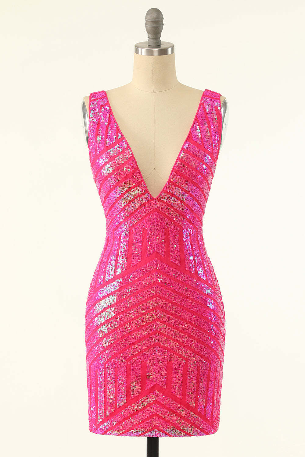 Fuchsia Sequins V Neck Tight Cocktail Dress