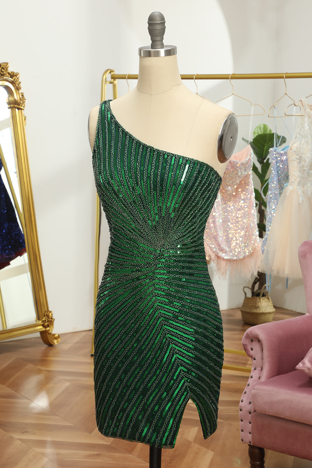 Sparkly Sheath Glitter Green One Shoulder Beaded Tight Cocktail Dress