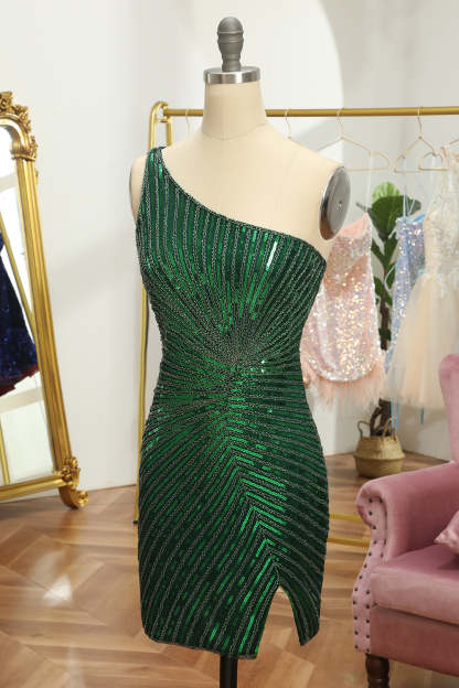 Sparkly Sheath Glitter Green One Shoulder Beaded Tight Cocktail Dress