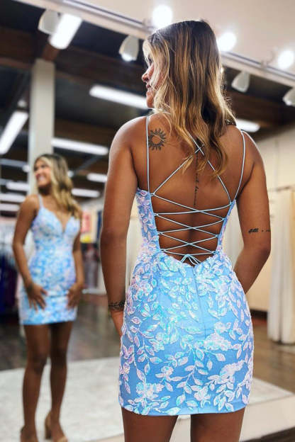 Unique Spaghetti Straps Light Blue Short Cocktail Dress With Criss Cross Back