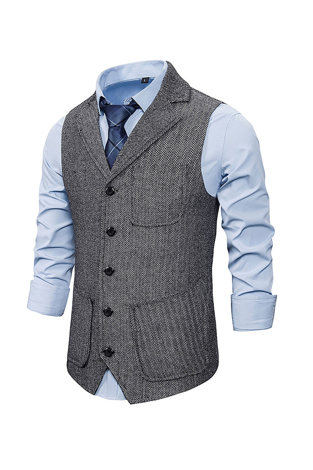 Men's Single Breasted Tweed Vest with Notched Lapel in Brown