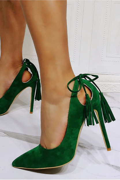 High Heel Stilettos with Dark Green Velvet Tassels