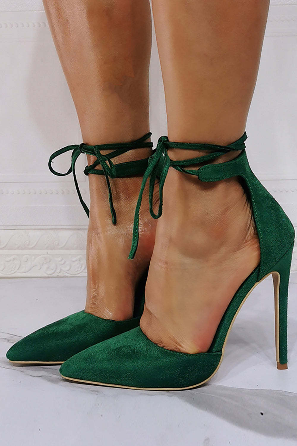 Sexy Stiletto Shoes with Dark Green Lace-up Design