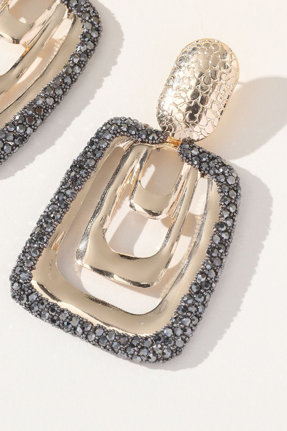 Golden Square Dangle Earrings with Rhinestones