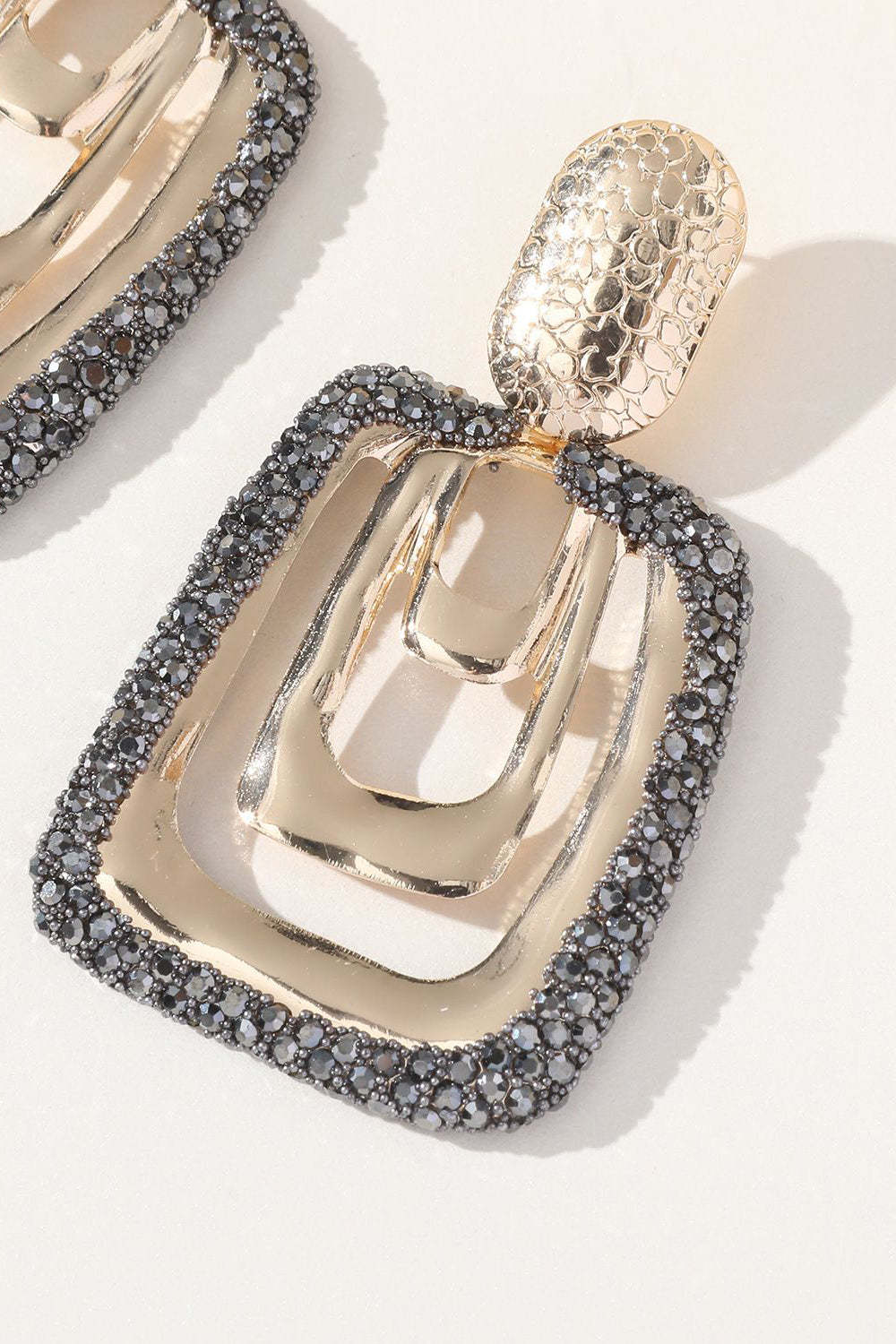 Golden Square Dangle Earrings with Rhinestones
