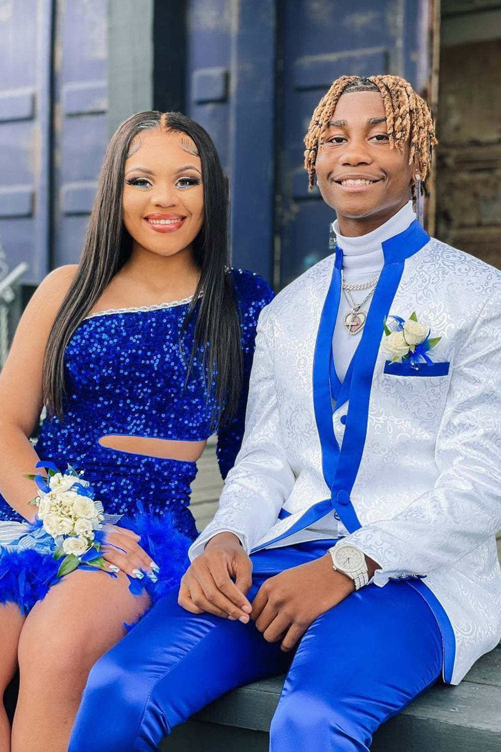 White Men's Prom Suits with Stand Collar and Single Button