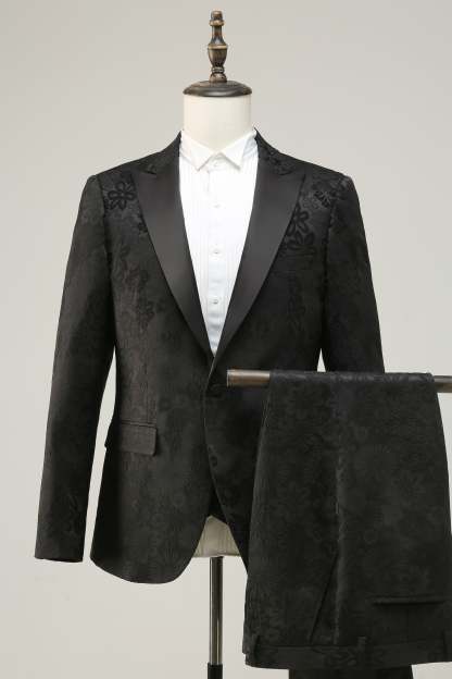 Black Jacquard 3-Piece Prom Suit with Peak Lapel for Men