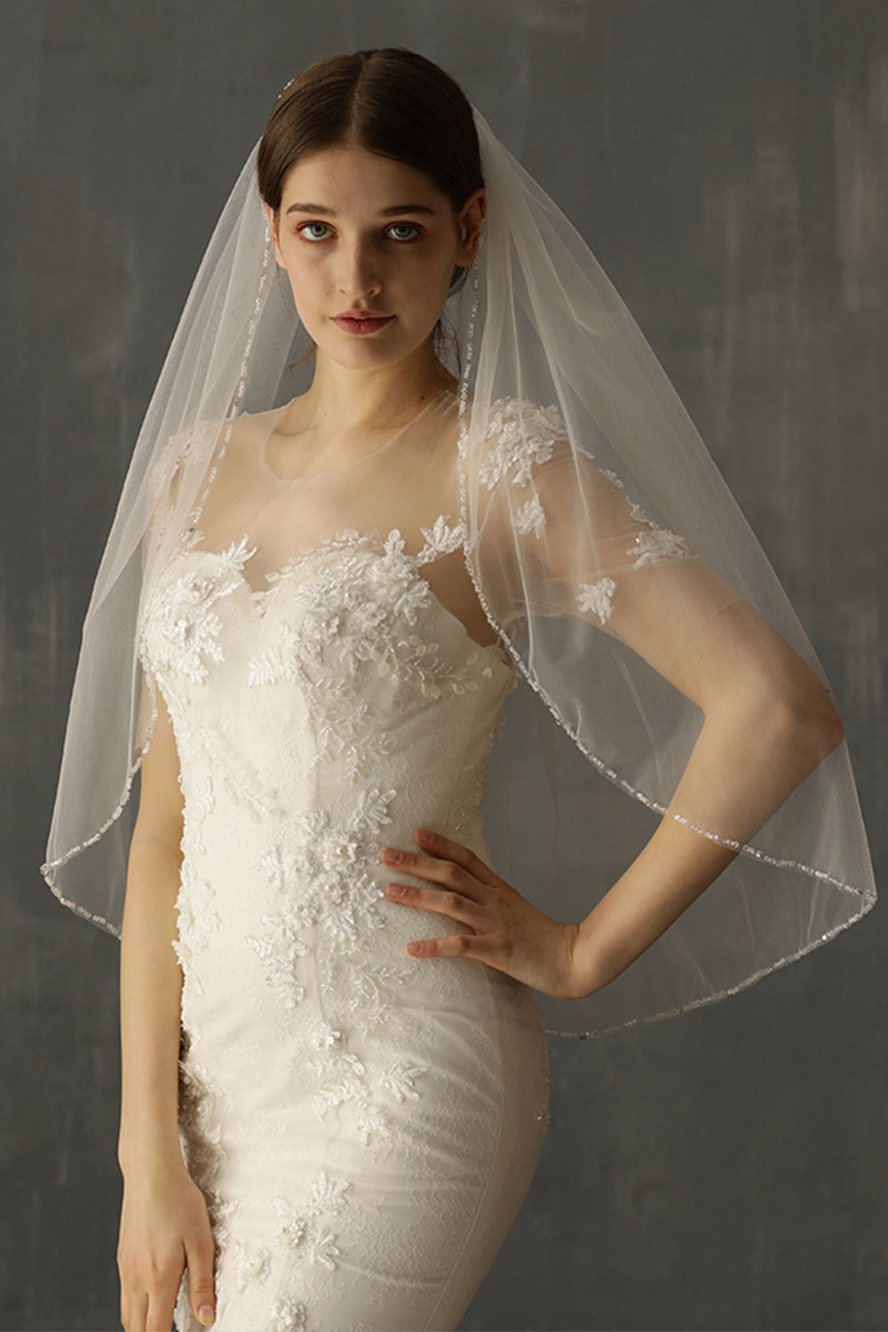 Beaded Mid-Length White Bridal Veil Handcrafted with Care
