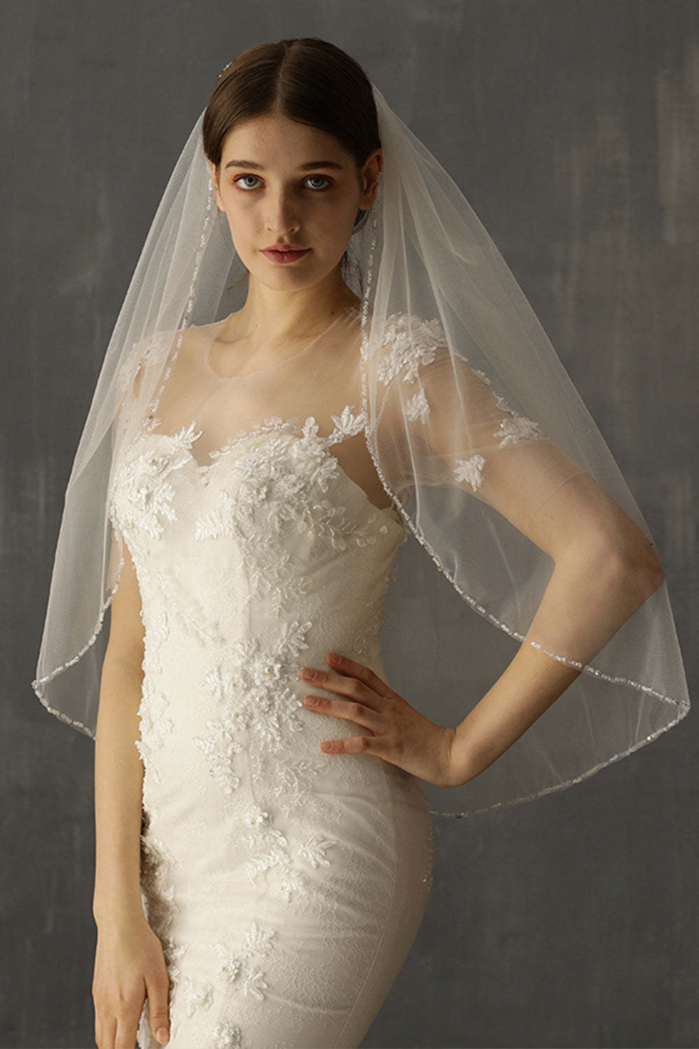 Beaded Mid-Length White Bridal Veil Handcrafted with Care