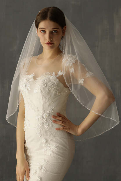 Beaded Mid-Length White Bridal Veil Handcrafted with Care