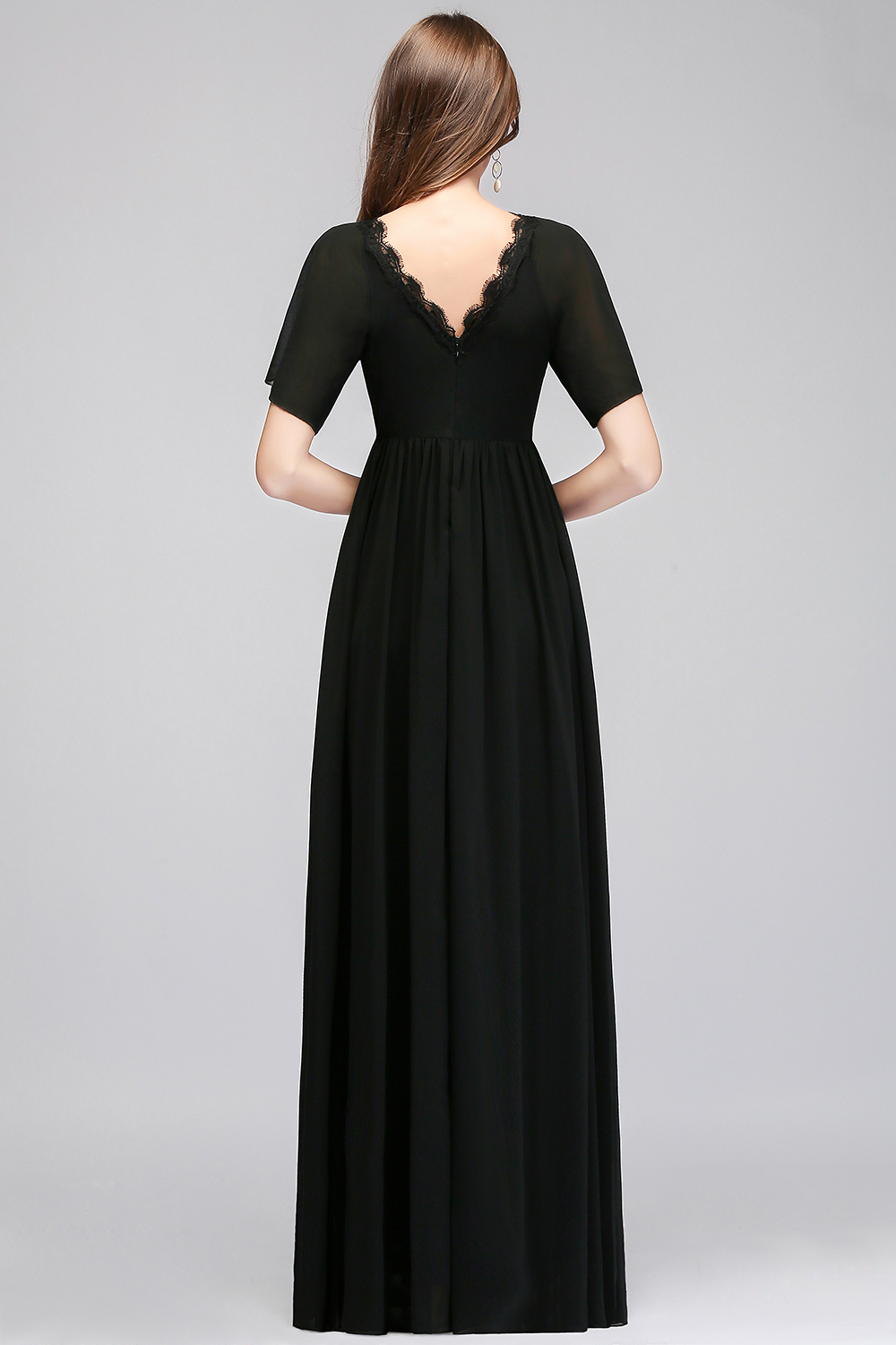 BMbridal Affordable Chiffon Black V Neck Bridesmaid Dresses with Short Sleeves