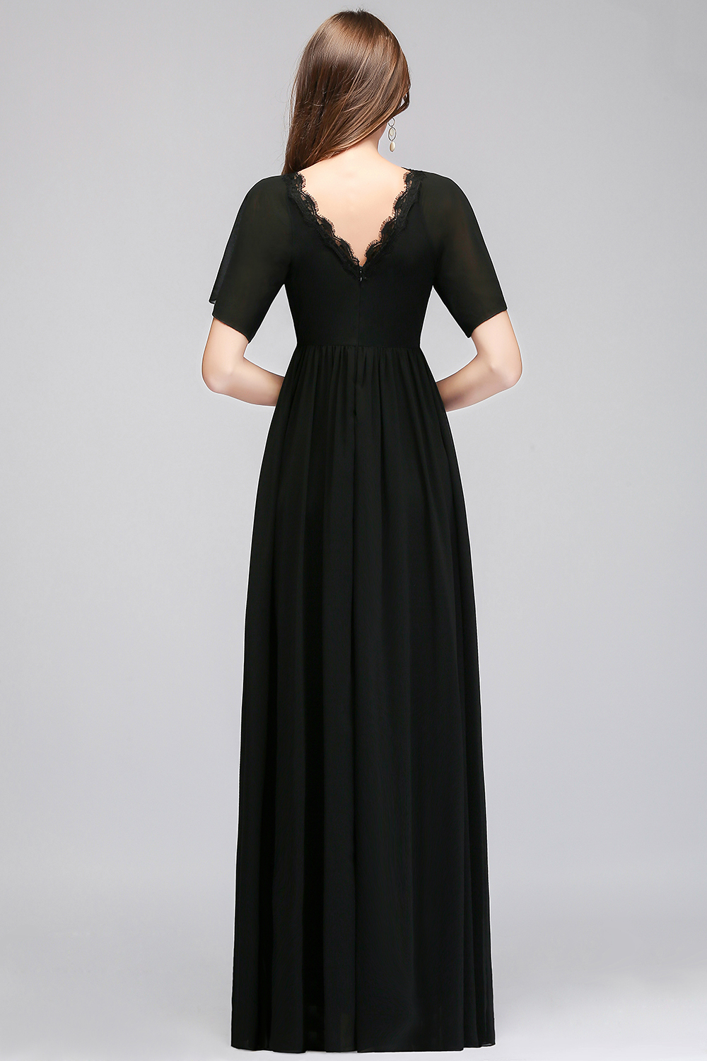 BMbridal Affordable Chiffon Black V Neck Bridesmaid Dresses with Short Sleeves