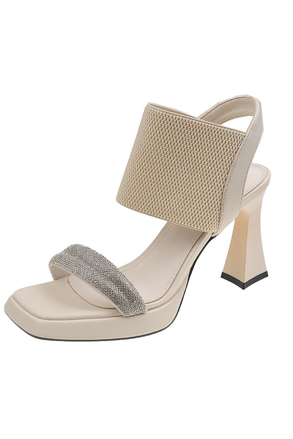 Solid Rhinestone Elastic Sandals with Thick Heel and Fish Mouth Design