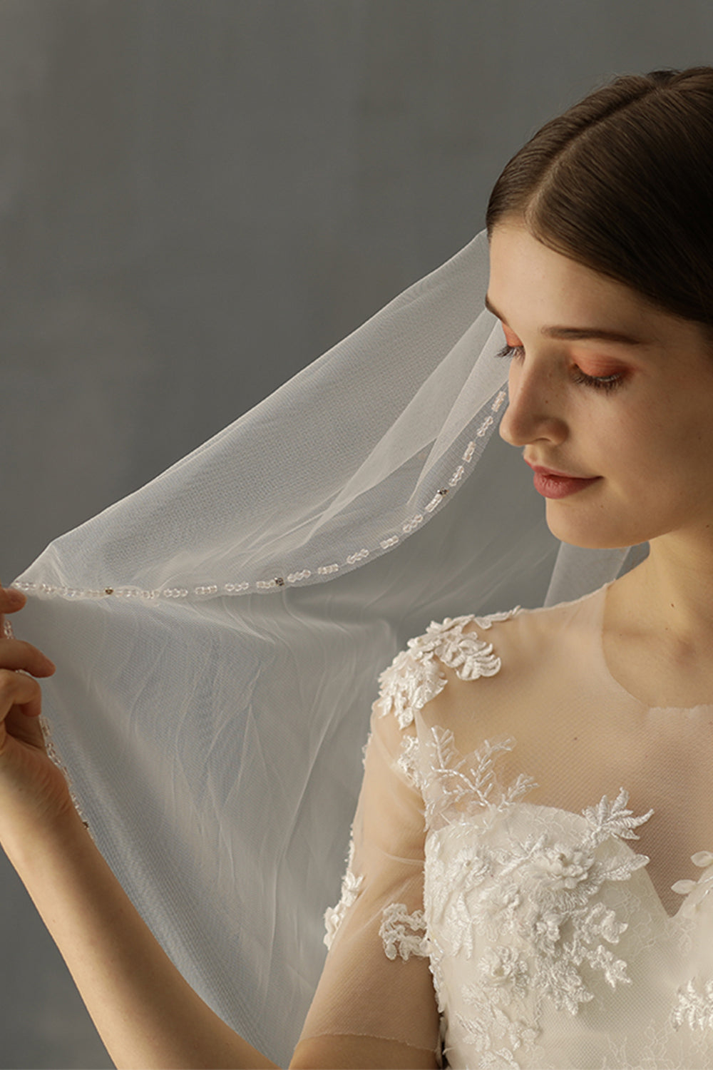 Beaded Mid-Length White Bridal Veil Handcrafted with Care
