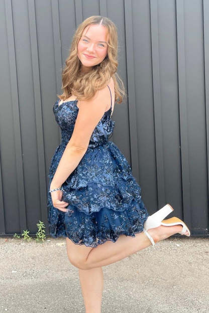 Princess A Line Spaghetti Straps Sequins Purple Short Cocktail Dress