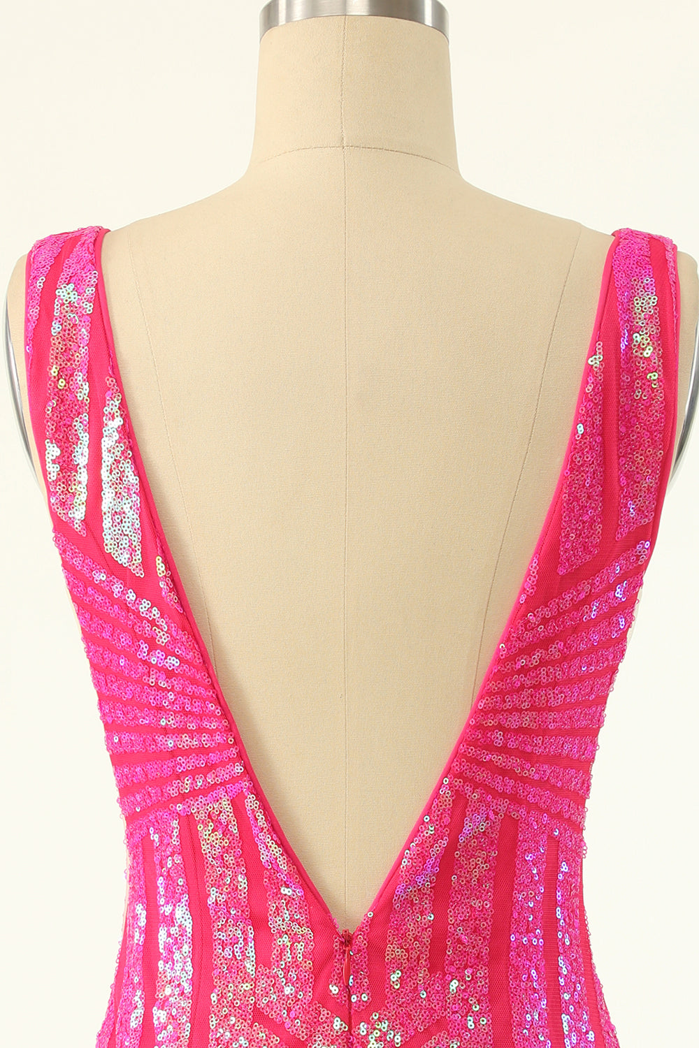 Fuchsia Sequins V Neck Tight Cocktail Dress