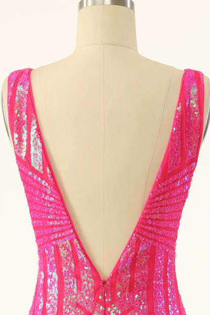 Fuchsia Sequins V Neck Tight Cocktail Dress