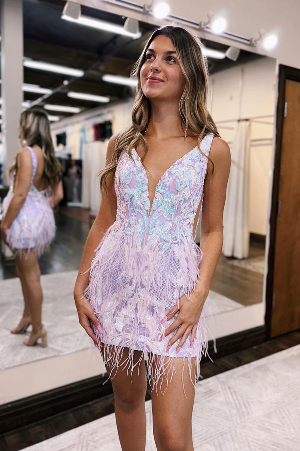 Sparkly Blue Sequined Tight Short Cocktail Dress With Feathers