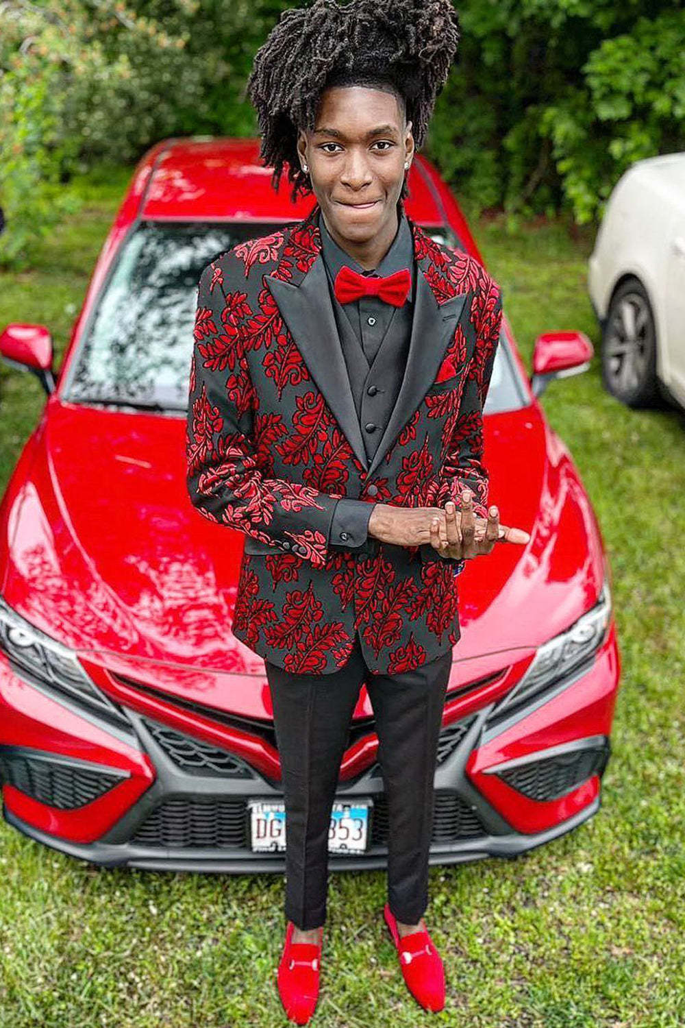 Men's Prom Blazer in Black and Red Jacquard with Peak Lapel