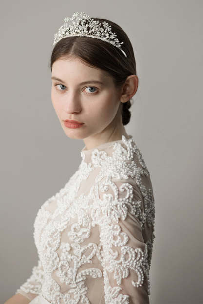 Bridal Crown with Snowflake and Pearl Flowers
