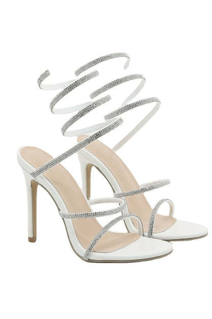 White Stiletto High Heels with Rhinestone Toe