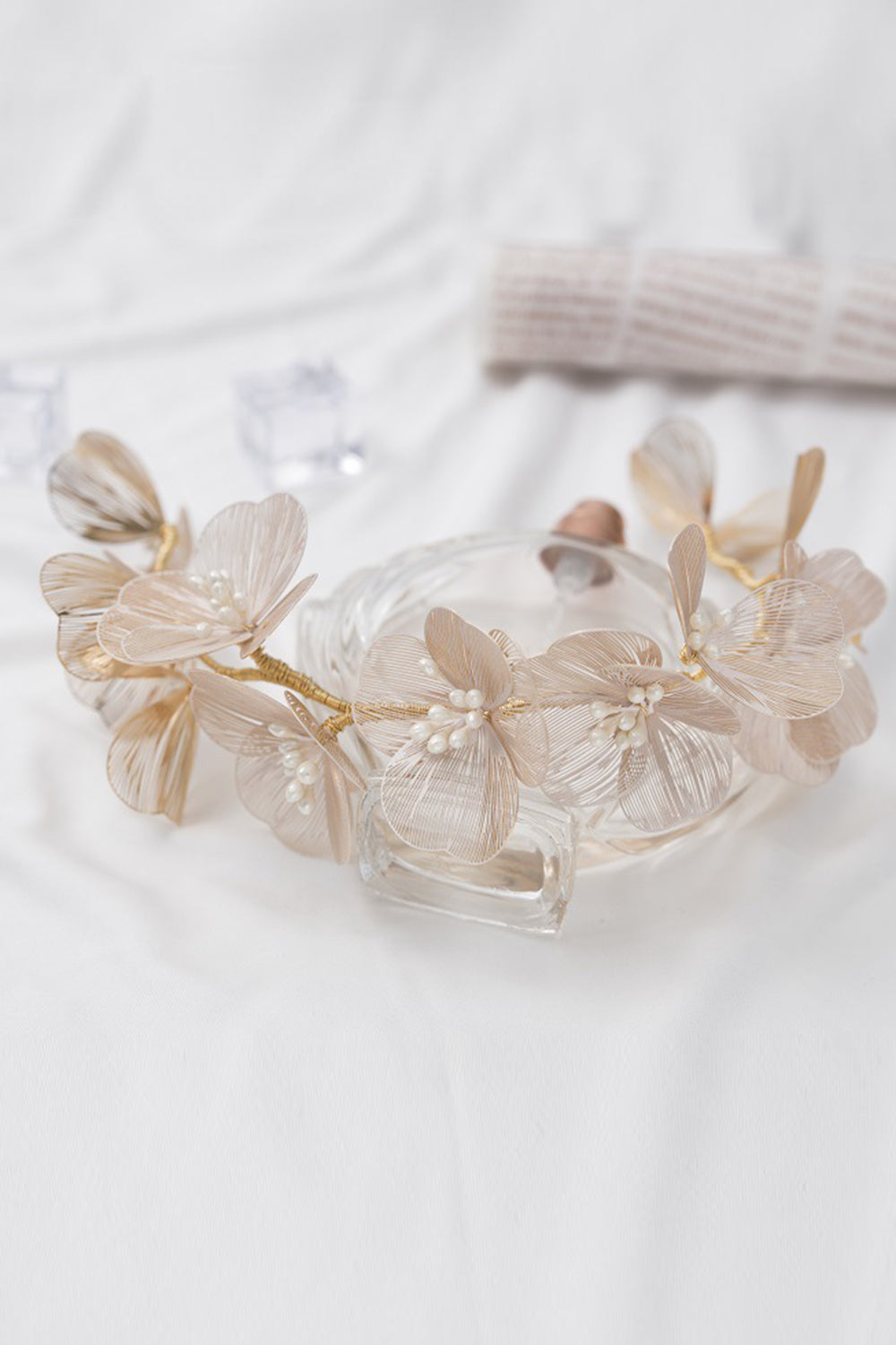 Headband with Pearl Flowers in Champagne
