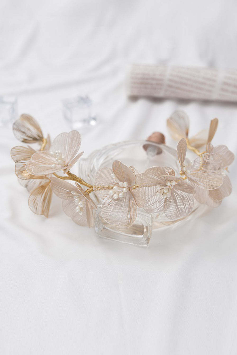 Headband with Pearl Flowers in Champagne
