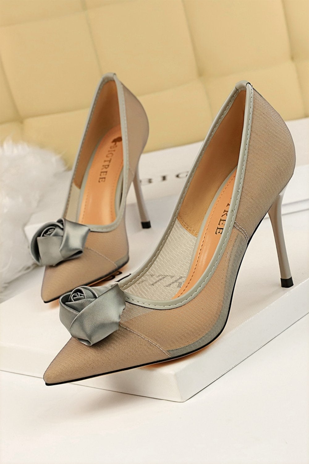 Satin Rose Stiletto Heels with Mesh Hollow Design