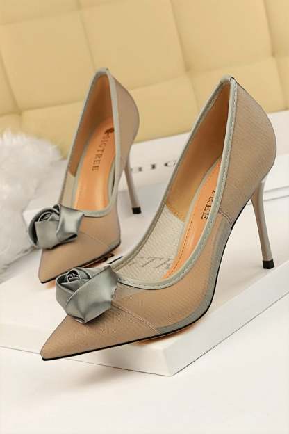 Satin Rose Stiletto Heels with Mesh Hollow Design