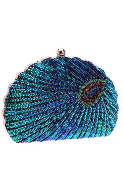 Shell Shaped Beaded Clutch in Peacock Green