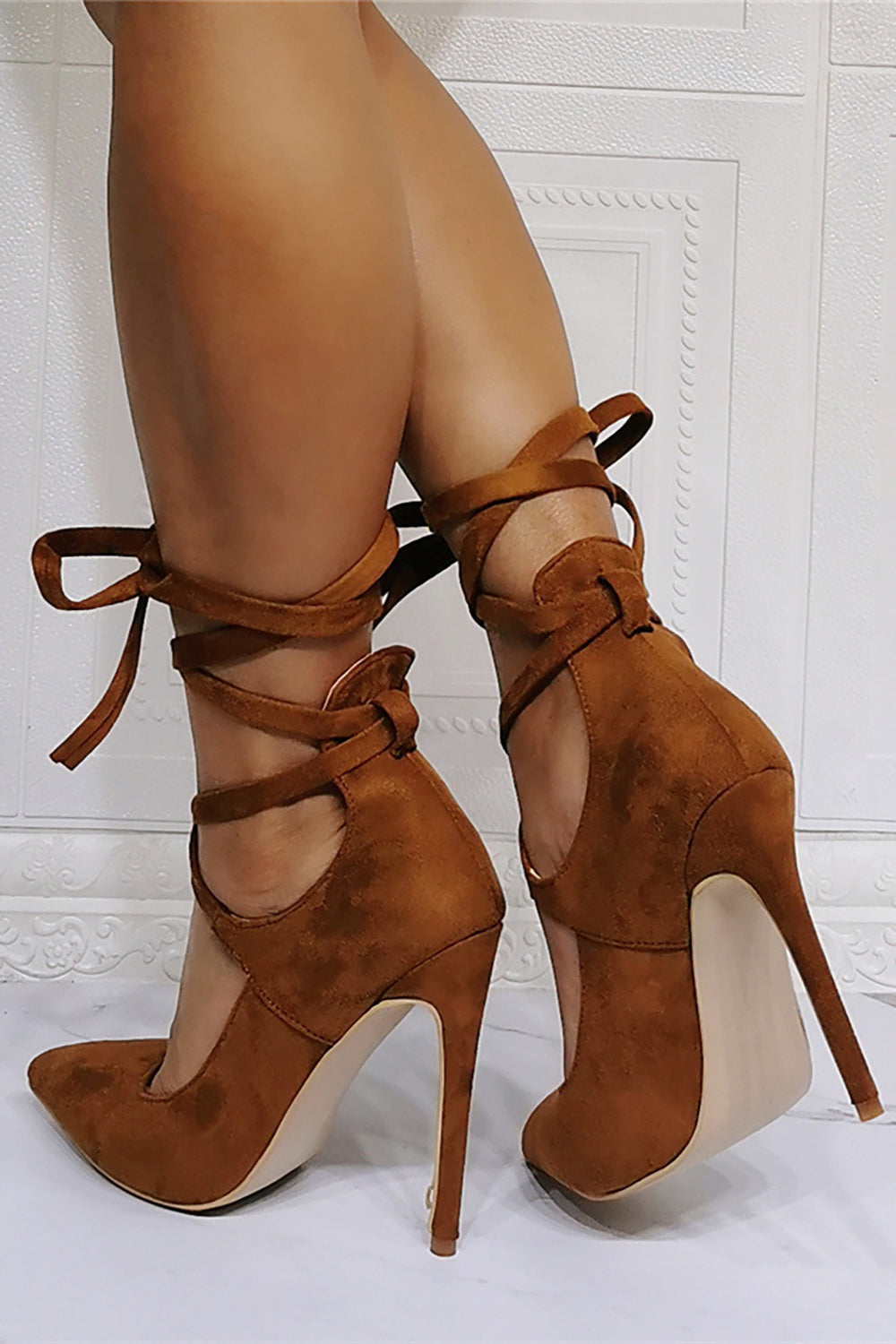 Pointed Toe Stiletto Shoes with Straps in Brown