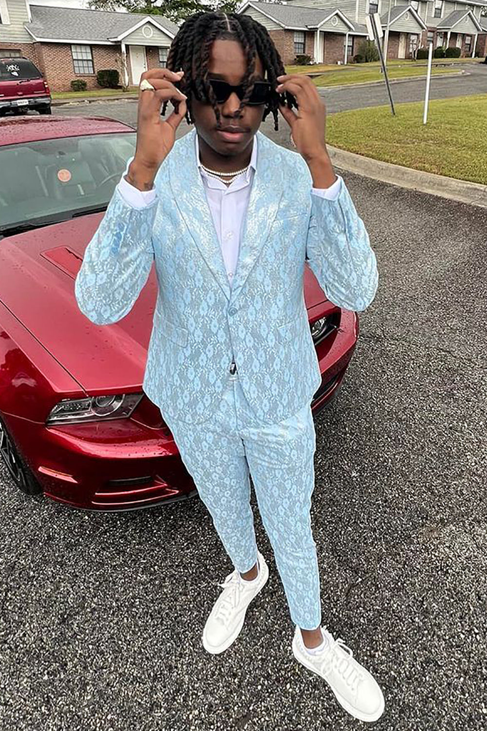 Light Blue Men's Prom Suit with Shawl Lapel and Single Button