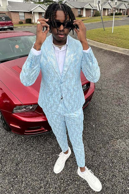 Light Blue Men's Prom Suit with Shawl Lapel and Single Button