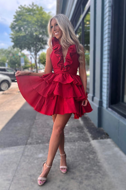 Red Deep V Neck A Line Satin Short Cocktail Dress With Ruffles