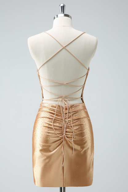 Golden Spaghetti Straps Beaded Bodycon Short Cocktail Dress