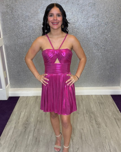 Metallic Silver Spaghetti Straps Pleated A Line Short Cocktail Dress