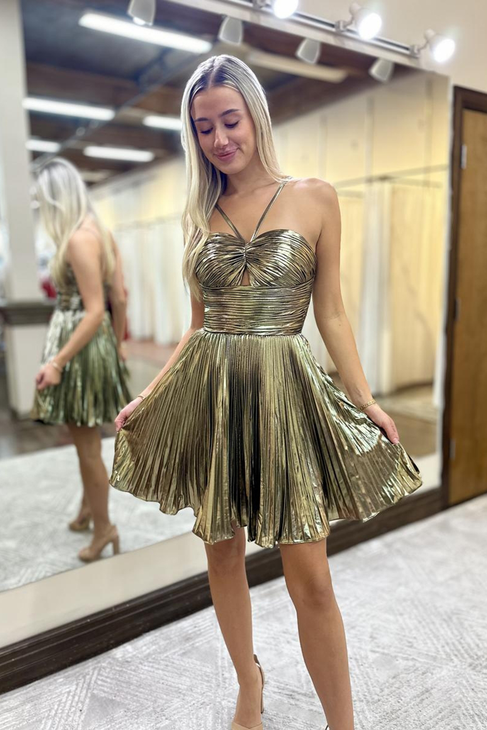 Golden Metallic Spaghetti Straps Pleated A Line Short Cocktail Dress 1