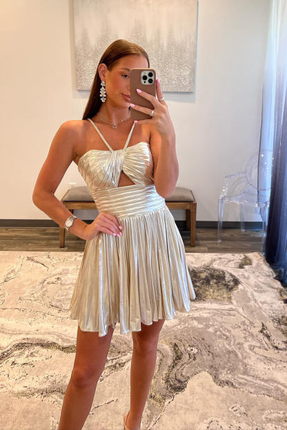 Metallic Silver Spaghetti Straps Pleated A Line Short Cocktail Dress