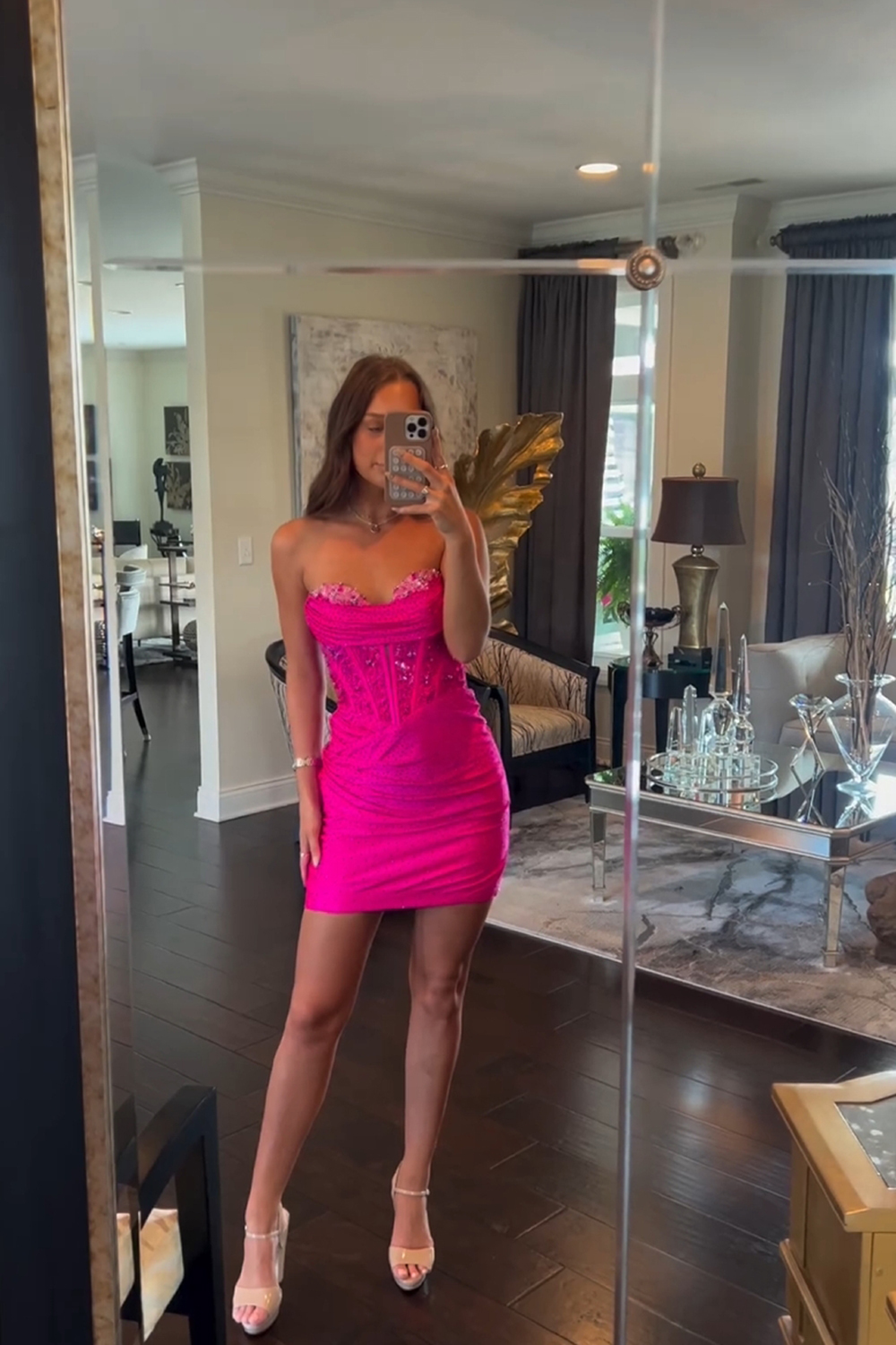 Fuchsia Strapless Ruched Corset Short Cocktail Dress With Beading