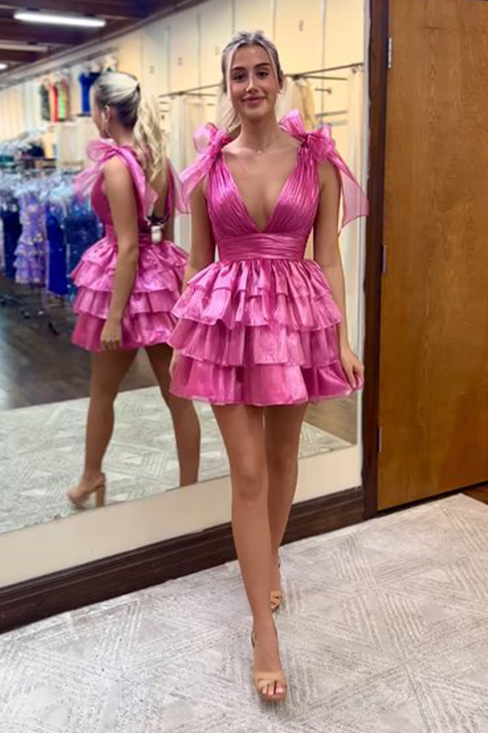 Trendy Pink A Line Tiered Cocktail Dress With Bow